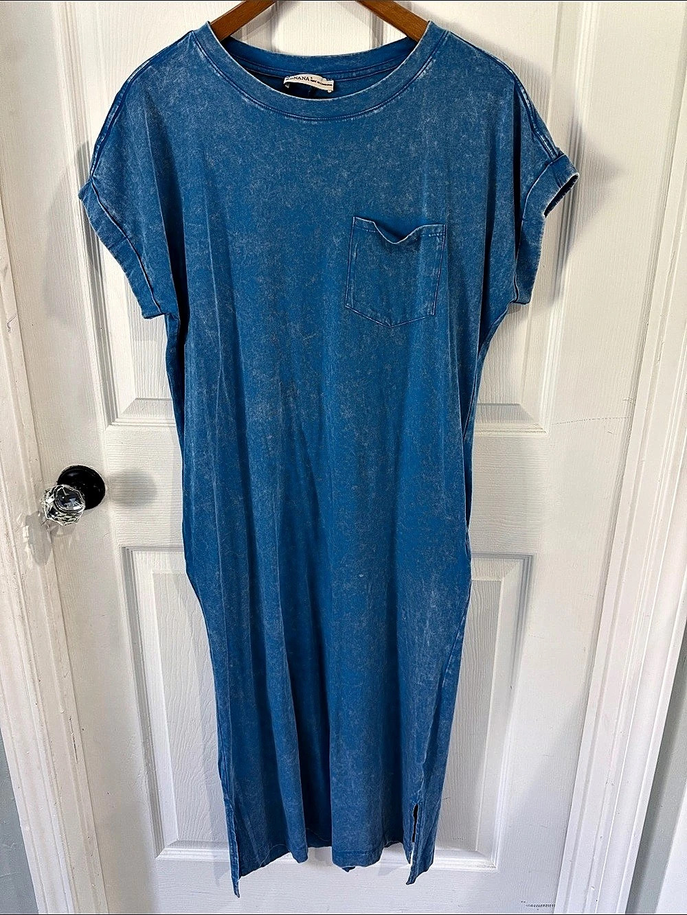 ZENANA Acid-Washed Short Sleeve Pocket T-Shirt Dress Blue Small